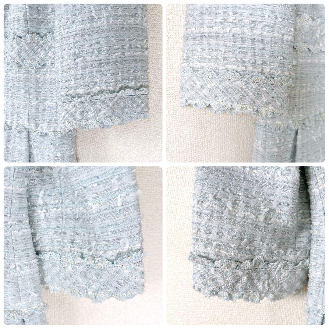 高級✨TO BE CHIC ノーカラー ツイードワンピース 水色 42 L〜XL