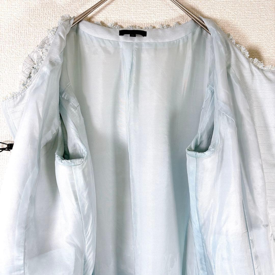 高級✨TO BE CHIC ノーカラー ツイードワンピース 水色 42 L〜XL