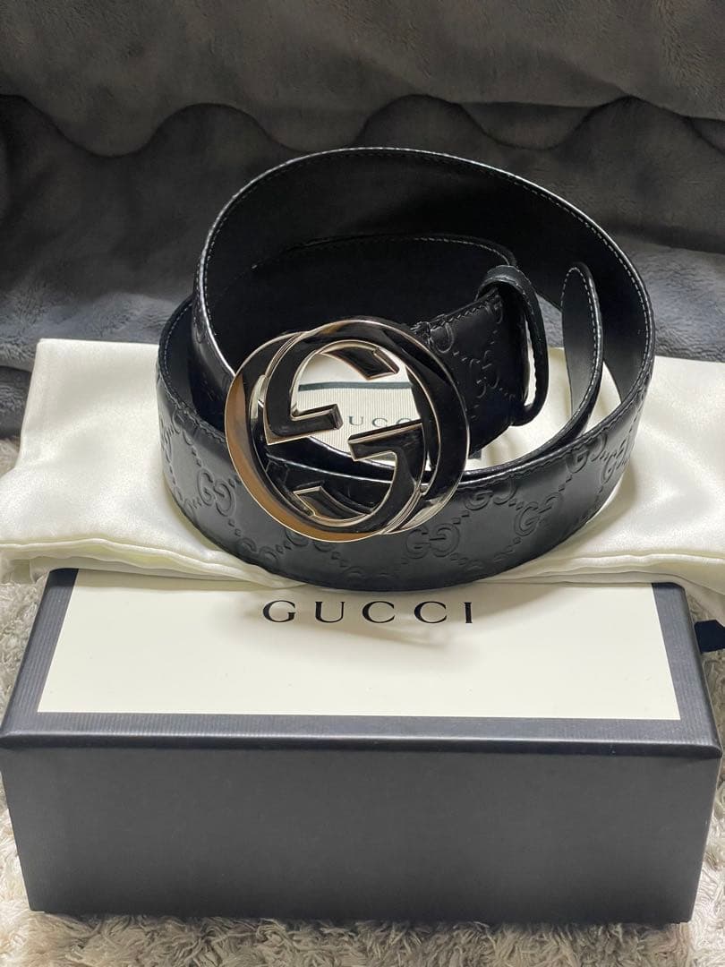 正規品）GUCCI ブラックレザー ベルト ダブルGバックル