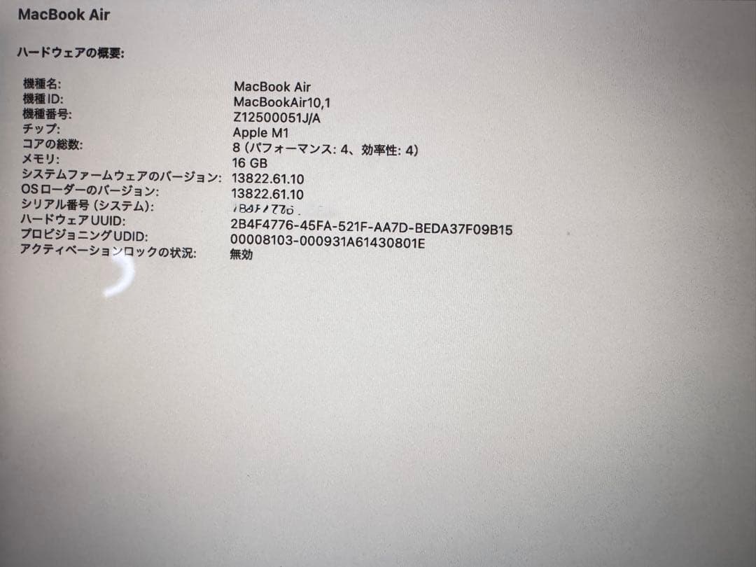 2020 M1 Air RAM16 SSD512 充放電46回 最大容量98%