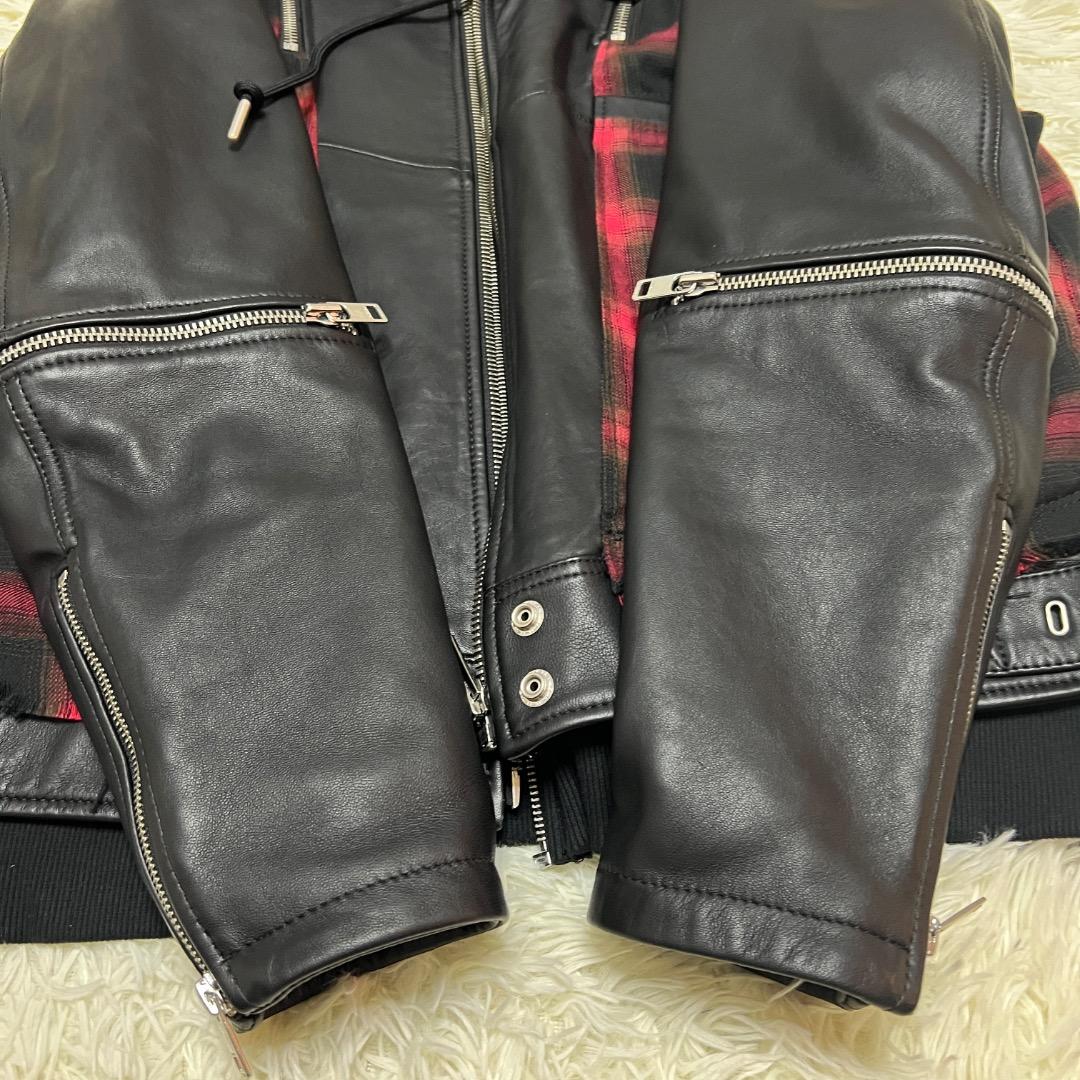 【希少】DIESEL レザー×チェック フーディ ライダース XXL 希少モデル