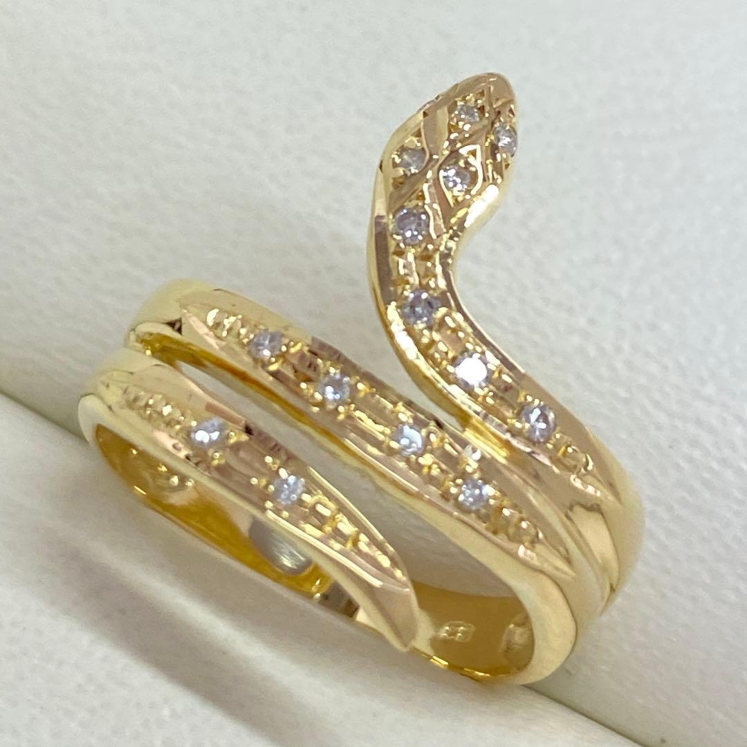 K18　天然ダイヤモンドリング　蛇モチーフ　18金　幅広　ヘビ　へび