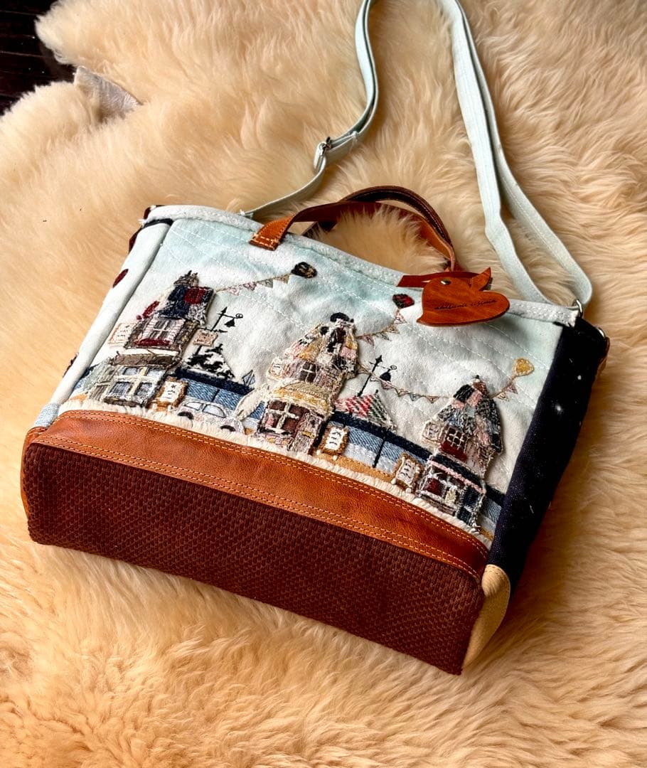 (手づくり)\"海の見える街\"ショルダートートバッグ刺繍アップリケ