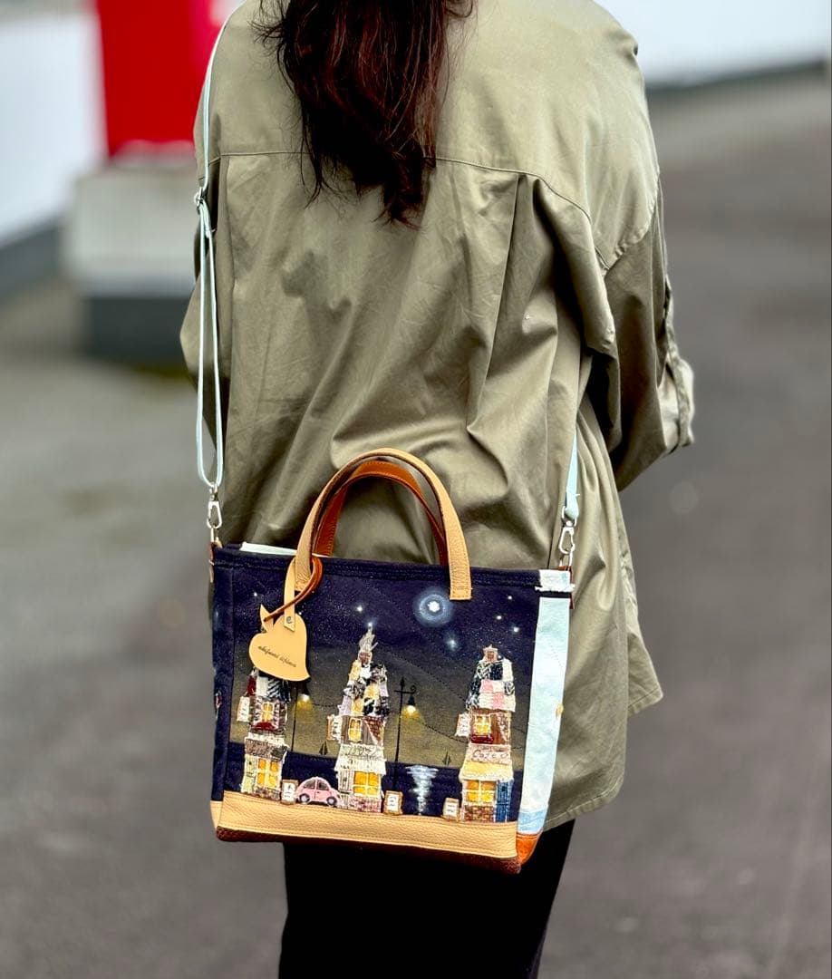 (手づくり)\"海の見える街\"ショルダートートバッグ刺繍アップリケ