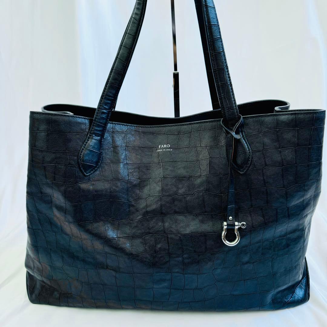 美品 FARO ファーロ　クロコ型押　トートバッグ　ブラック