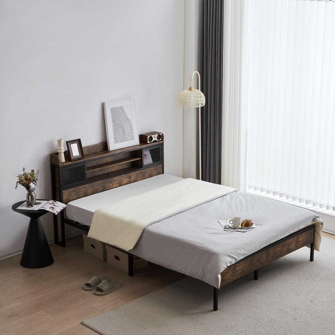 数量限定！SDセミダブル・コンセント付きベッドフレーム ヴィンテージ風BROWN