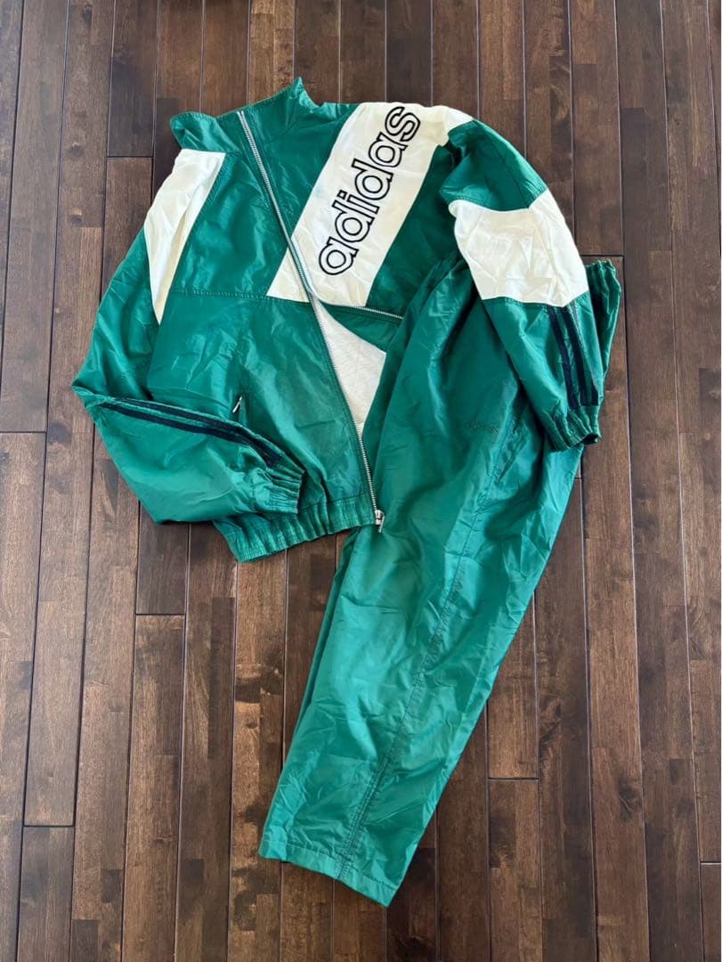 アディダス/入手困難 90s 国旗刺繍タグ ナイロン セットアップ 緑×白 L