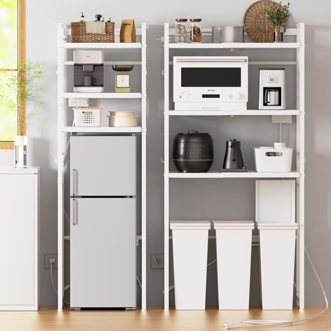 【幅伸縮・2口コンセント・高さ調整】冷蔵庫上ラック キッチンラック ホワイト