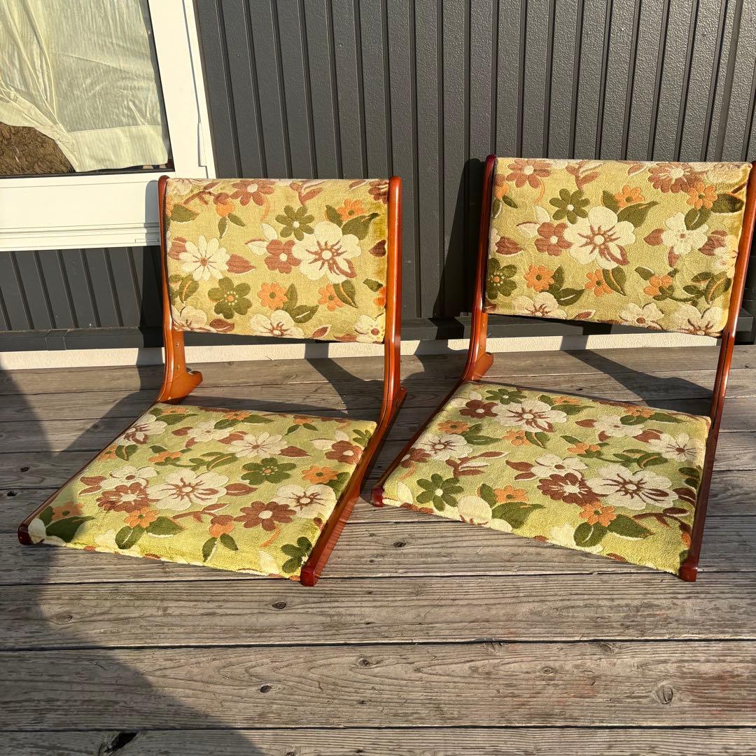 ①昭和レトロ ニチハン 花柄座椅子 2脚セット 花柄 和モダン 折りたたみ古家具