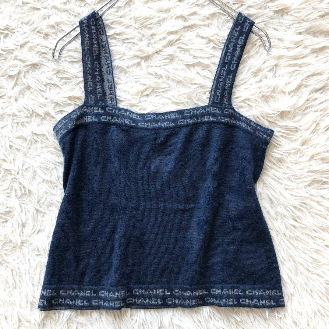 【イタリア製 カシミヤ 100%】シャネル　 キャミソール　ネイビー M ロゴ