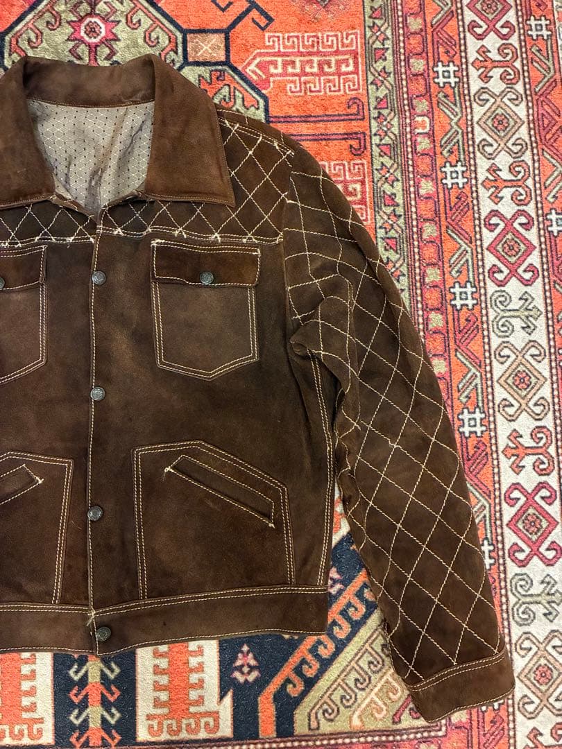 ブラウン チェック柄 スエードジャケット