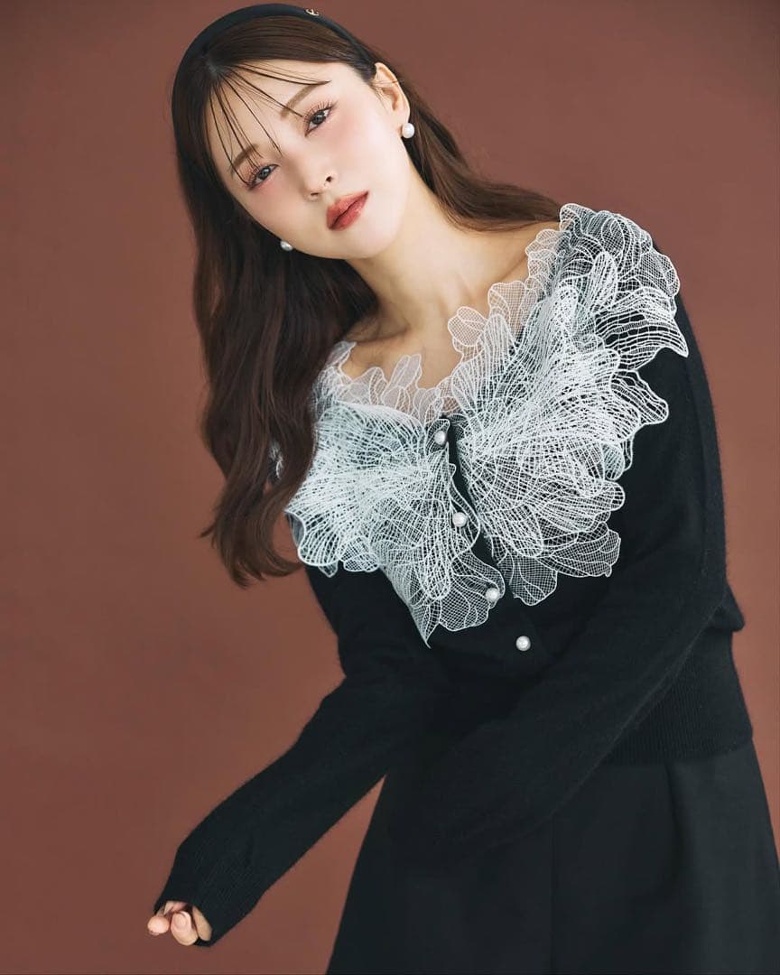 polaura ポローラ レースフリルカーディガン ブラック