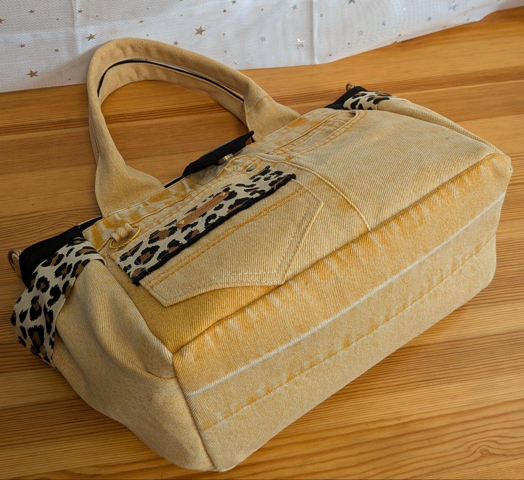 オレンジデニムリメイクバッグ（L）No.842☆ハンドバッグ　横長ポーチ