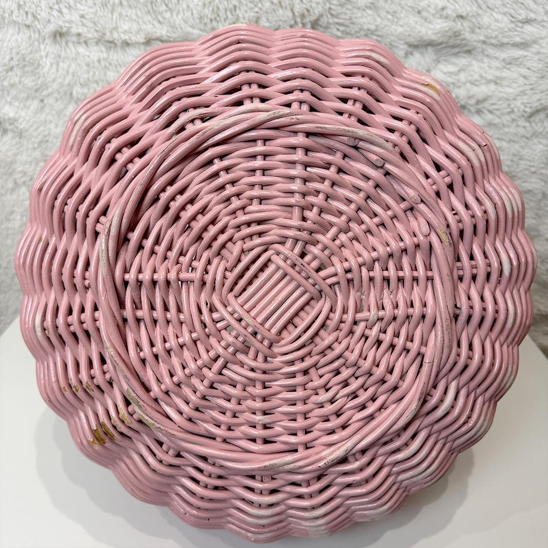【希少】 ビッグサイズ ラタンバスケット かご ピンク 昭和レトロ インテリア