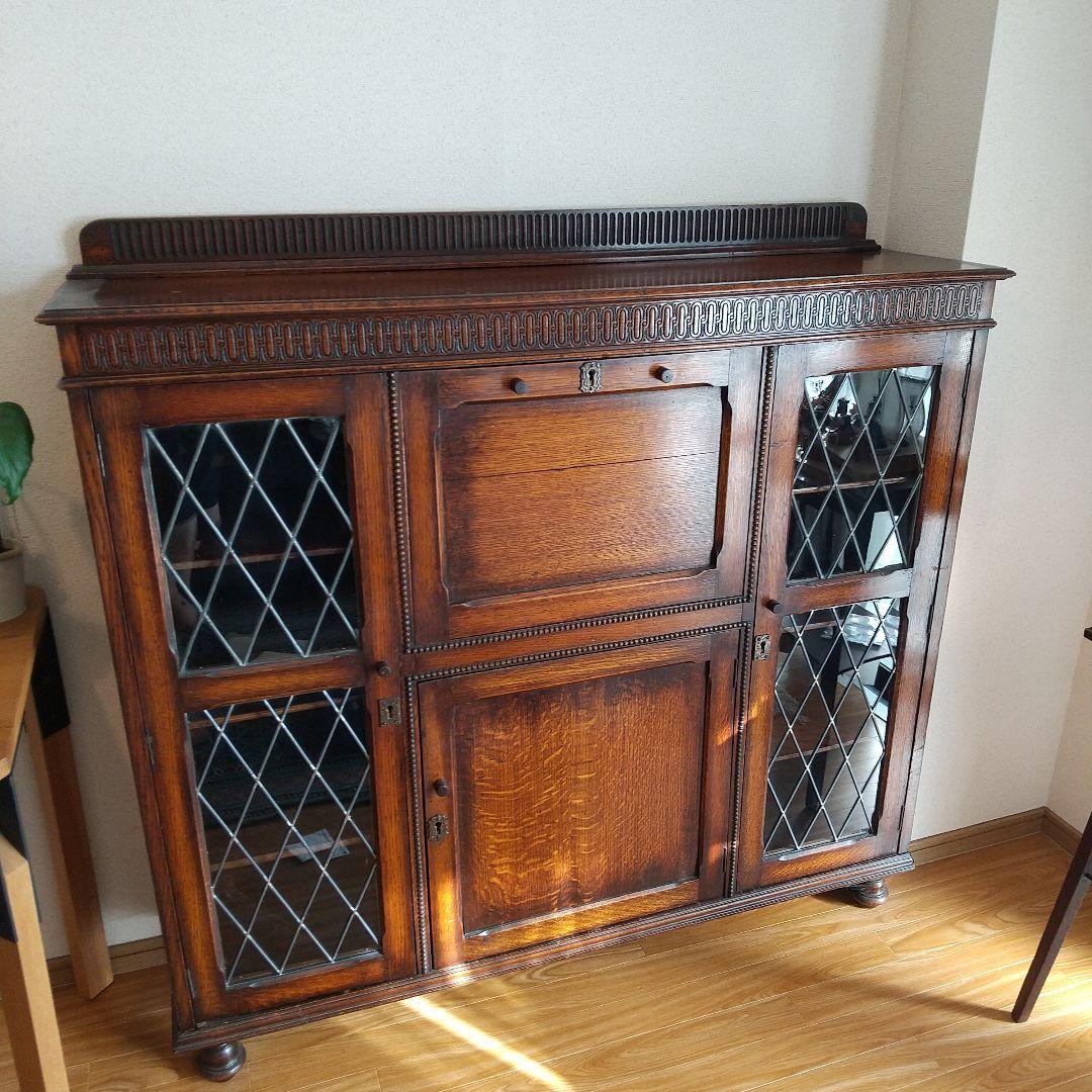 イギリス　アンティーク家具　ビューロー　オーク　本棚　サイドバイサイド