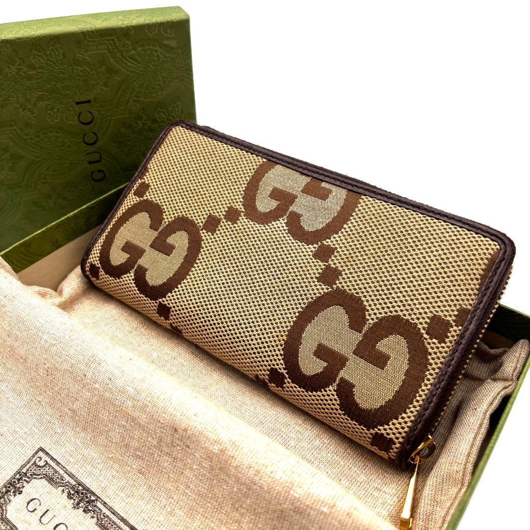 未使用に近い グッチ 長財布 ジャンボGG ラウンドジップ ユニセックス 茶