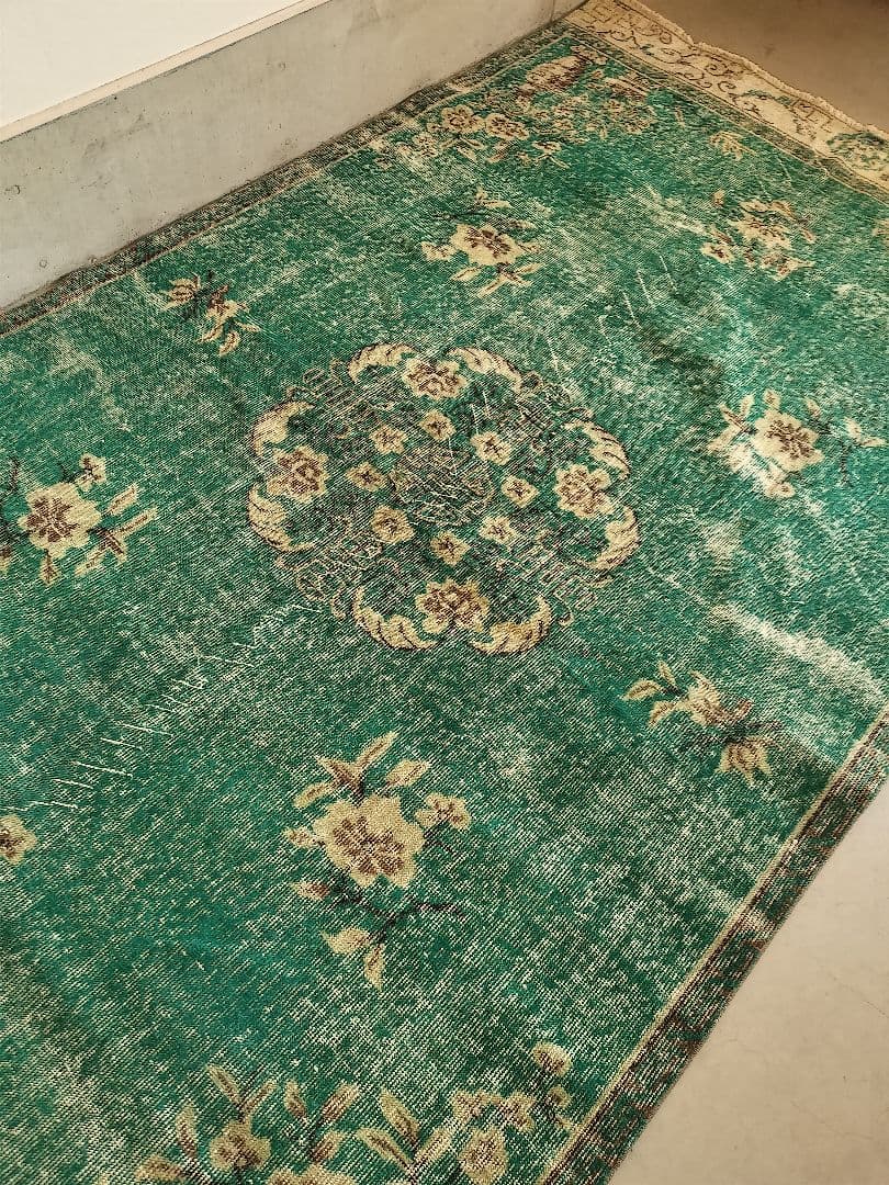超大判/エメラルドグリーンのシノワズリラグ　トリコヴィンテージラグ　No586