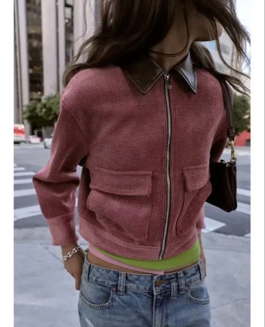 タグ付き新品★ZARAのコーデュロイフェイクレザー襟ジャケット★M★マルサラ色