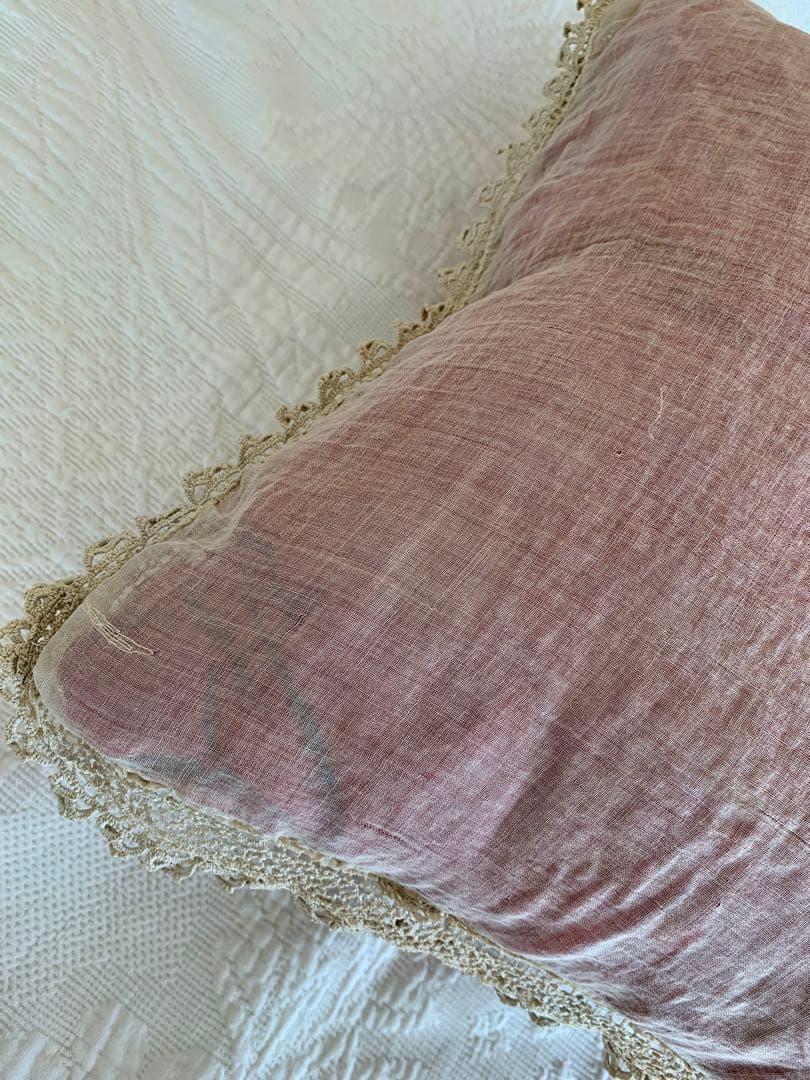 フランスアンティークコットンカバーxシルククッションロココリボン ・モチーフ装飾