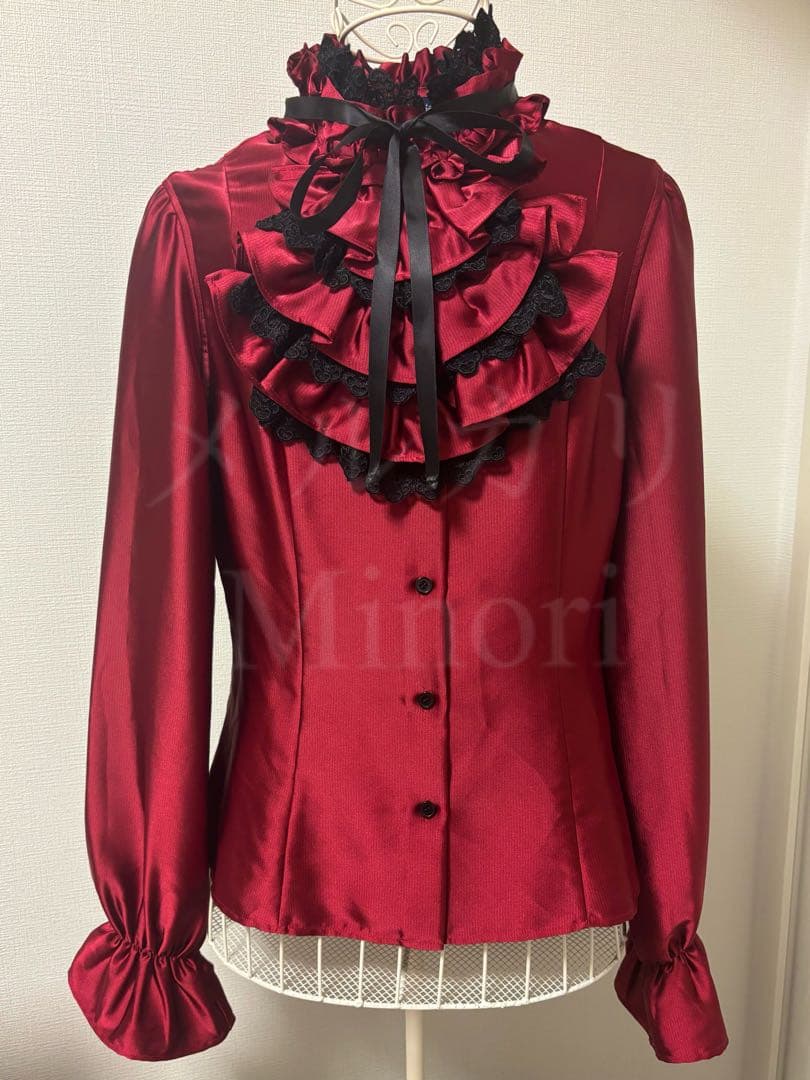 モワティエ ストライプジャボ付きブラウス ボルドー 9号 送料込 美品