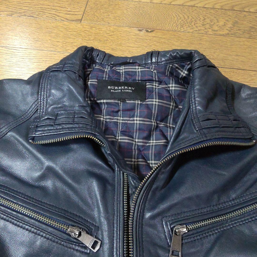 BURBERRYブラックレーベルダークネイビー レザー ライダースジャケット