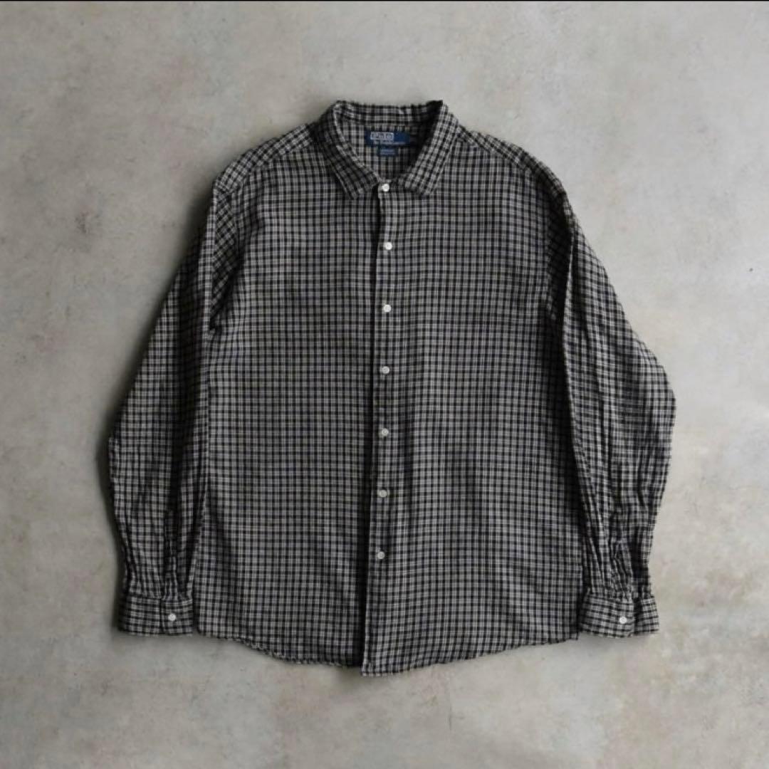 90s ラルフローレン BONNARDチェック長袖シャツ 完全無地 黒 ボックス