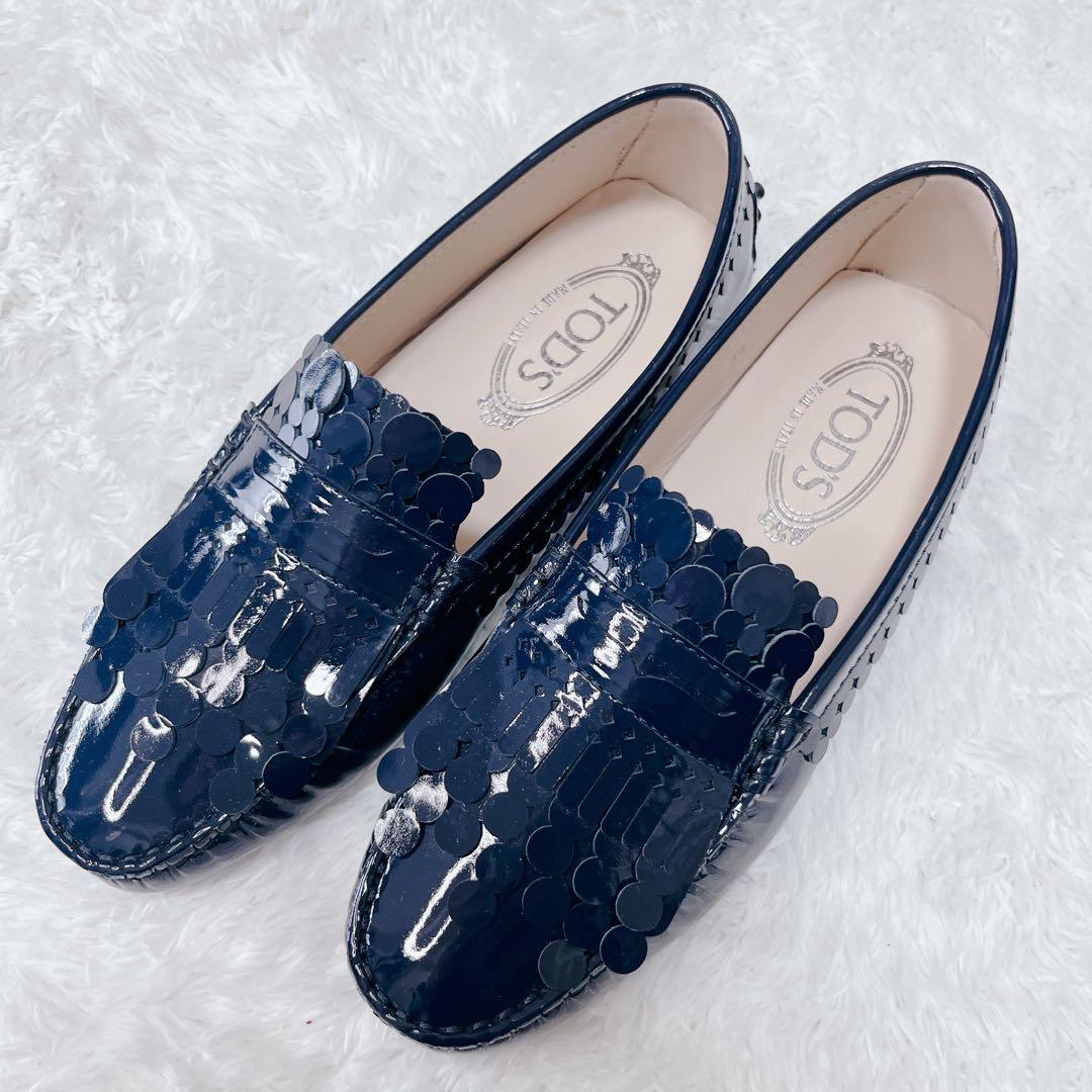 【極美品】TOD'S サイクルレースキルト付 エナメルローファー ネイビー 23