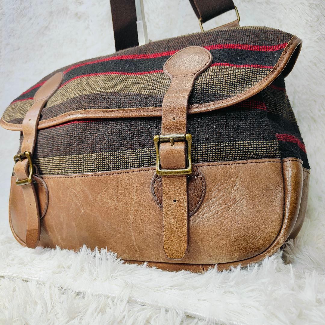 エルエルビーン 90年代ツイードレザー メッセンジャーバッグ　茶　ボーダー