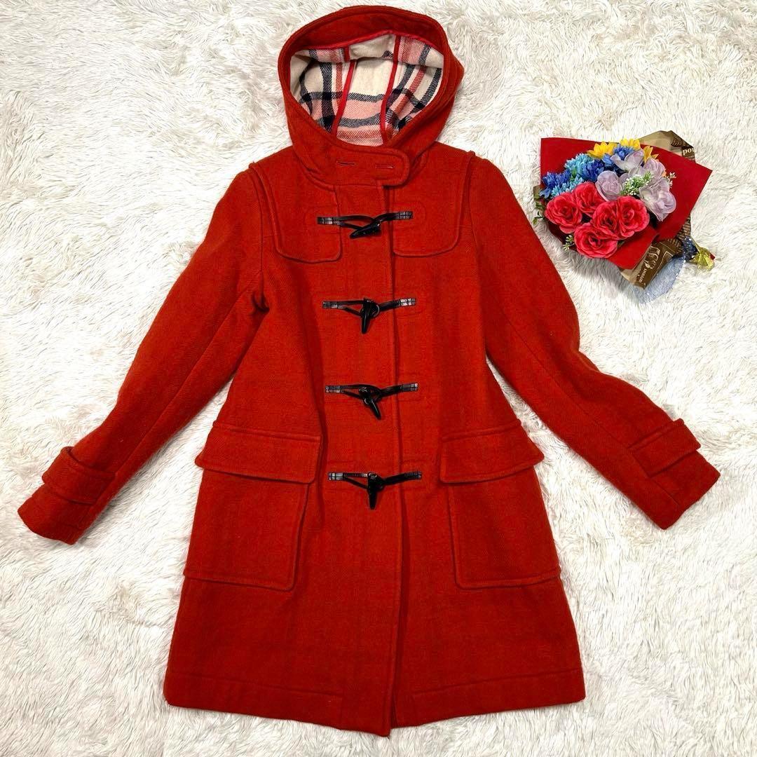 ブルーレーベルクレストブリッジ　ダッフルコート　フード　ウール　チェック柄　赤