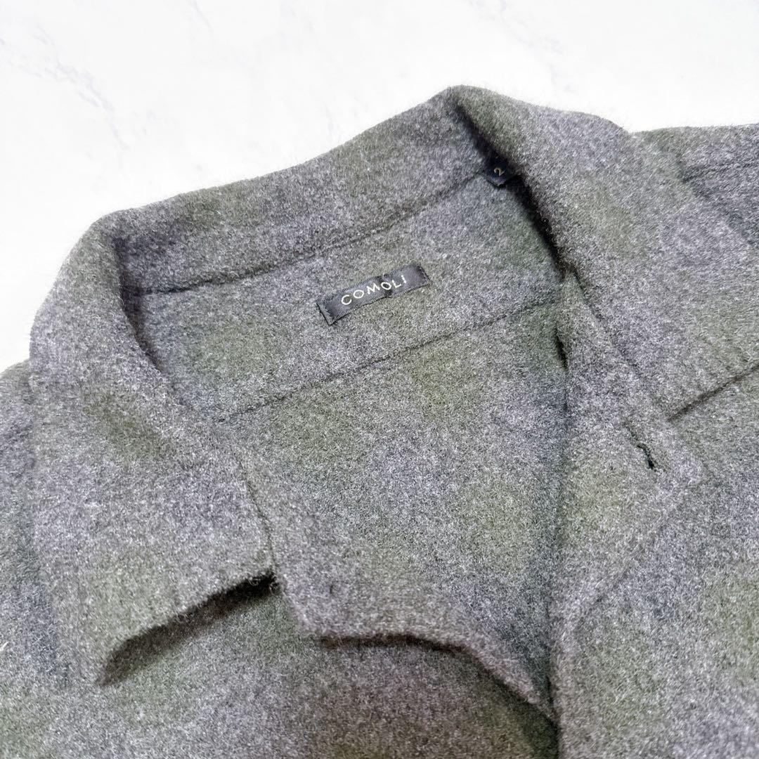 COMOLI ウールカシミヤチェックオープンカラーシャツ GREEN サイズ2