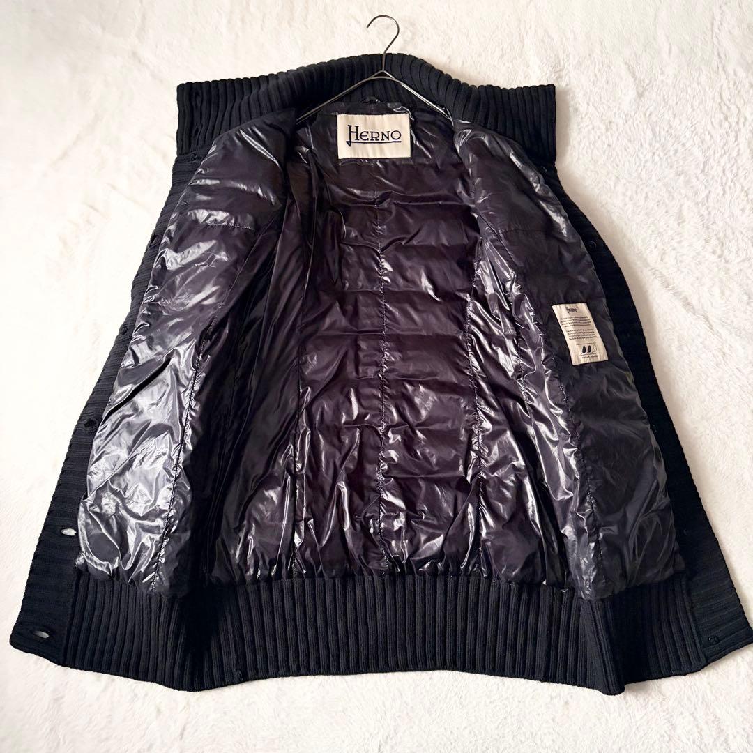 6219 美品✨ ヘルノ ハイネックリブダウンコート 44 ブラック 異素材切替