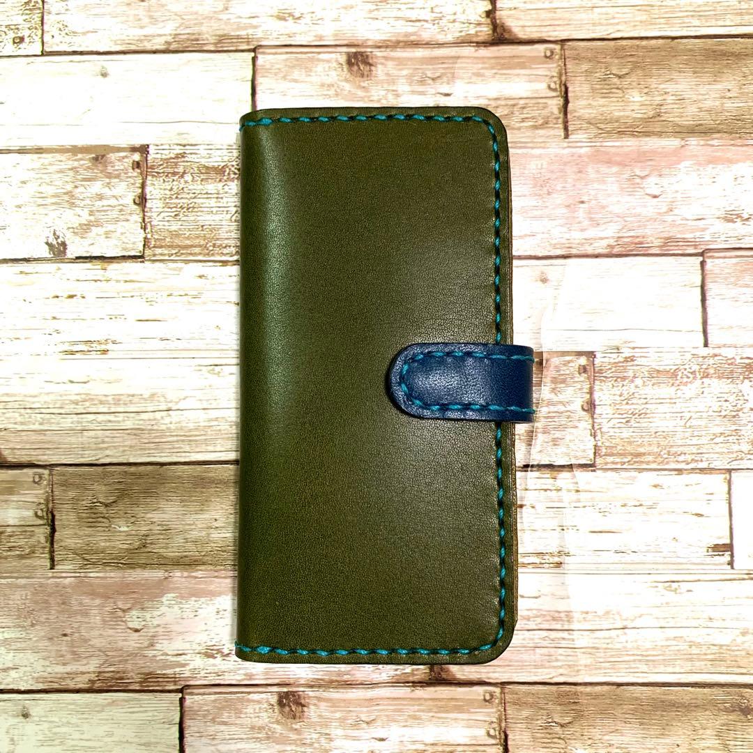栃木レザー　オリーブ　グリーン　ネイビー　iPhoneケース　手帳型　本革
