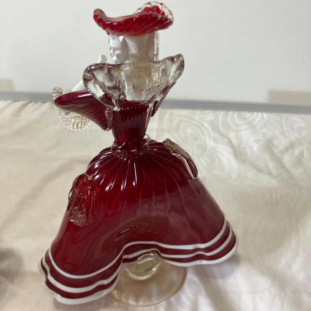 ベネチアンガラス美術品工芸品ムラーノガラスペア人形赤金彩