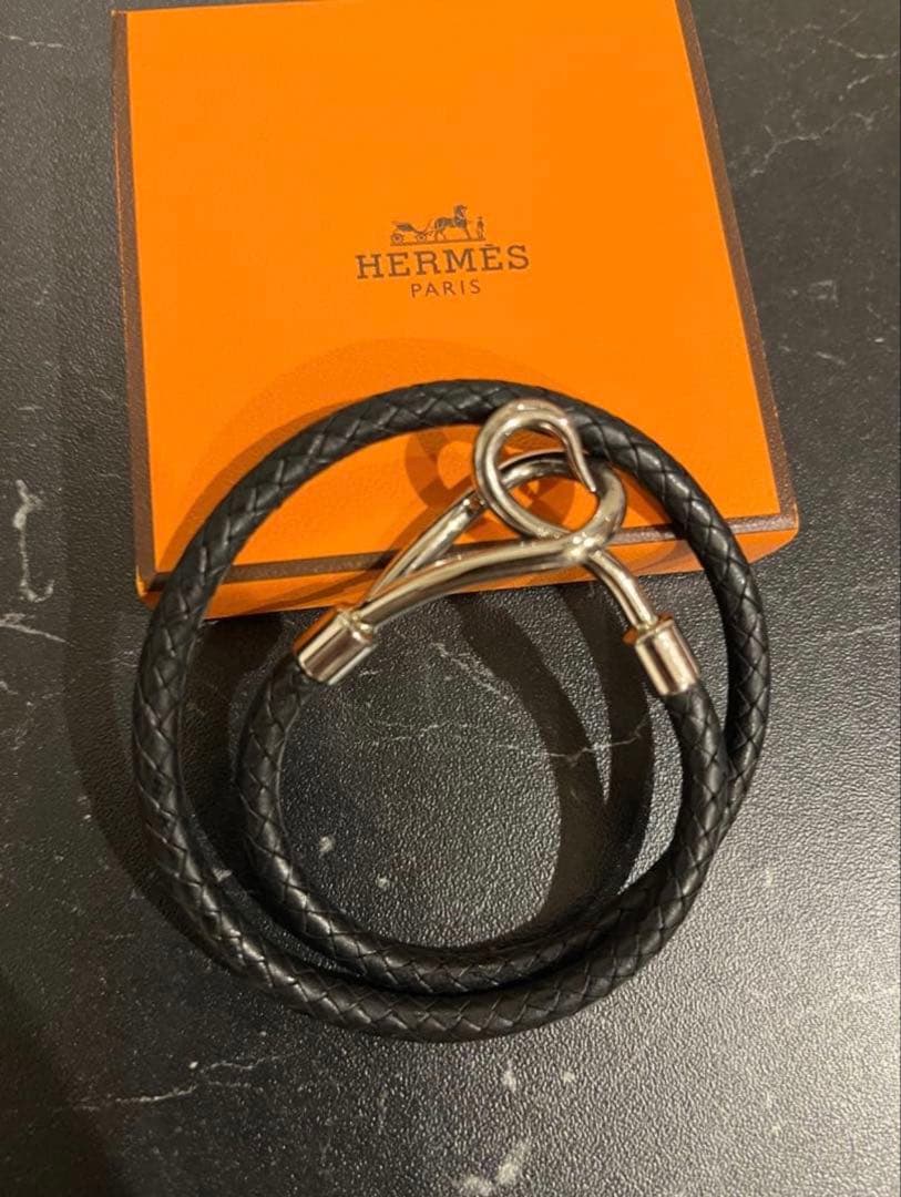 HERMES ブラック レザー ブレスレット ジャンボ