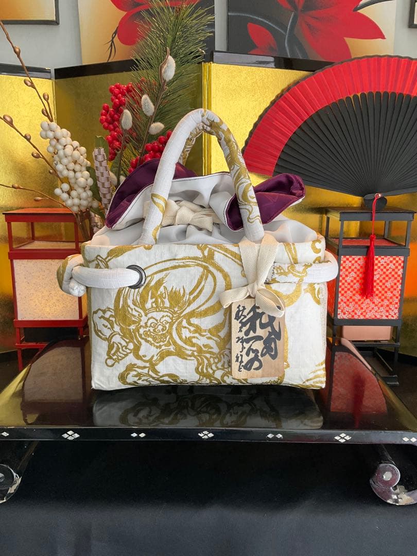 一閑張り　一閑張りバッグ　風神雷神　古文書　和紙　竹籠　籠バッグ　着物　金銀　白