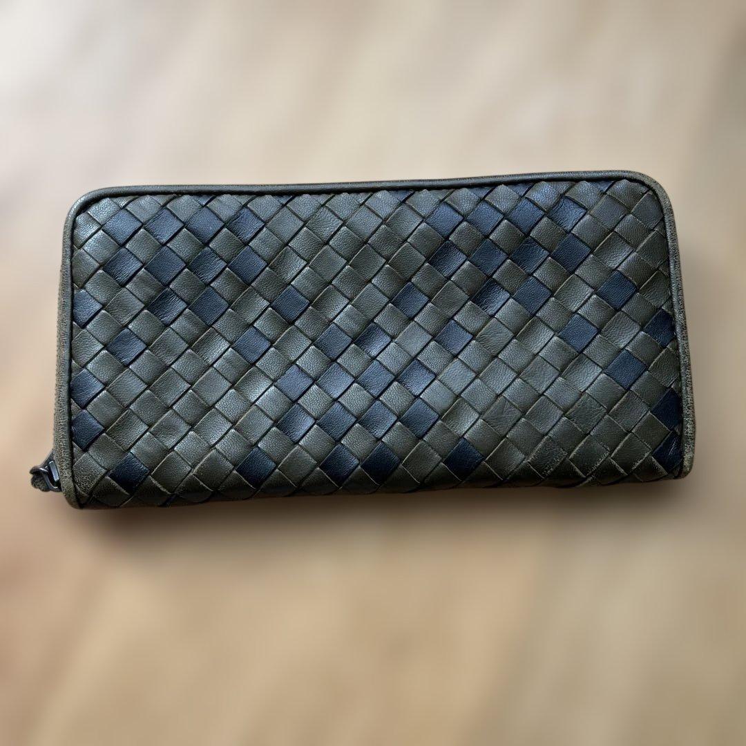 Bottega Veneta 長財布 ダークグリーン ネイビー 編み込み