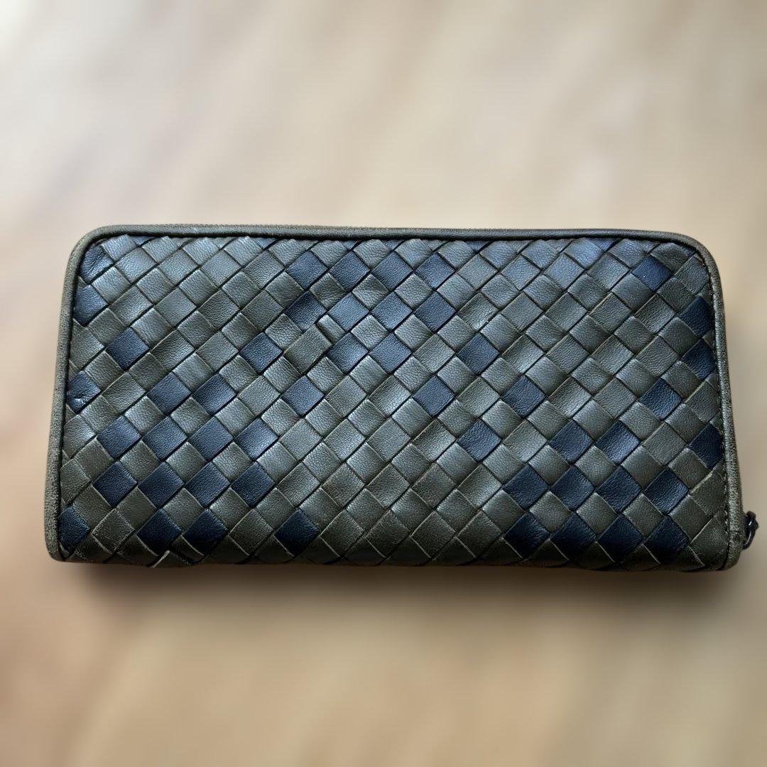 Bottega Veneta 長財布 ダークグリーン ネイビー 編み込み