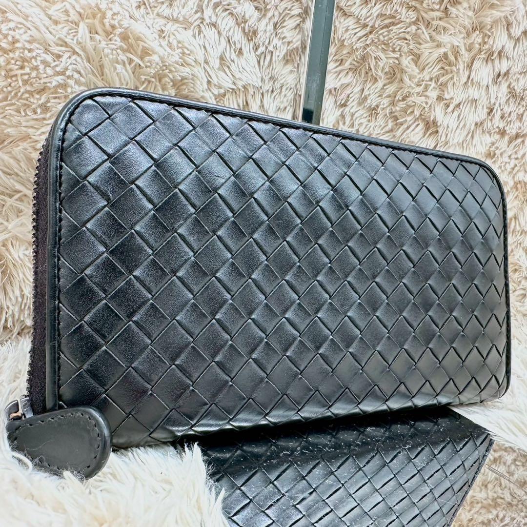 【美品】ボッテガヴェネタ 長財布 ラウンドファスナー ブラック イントレチャート