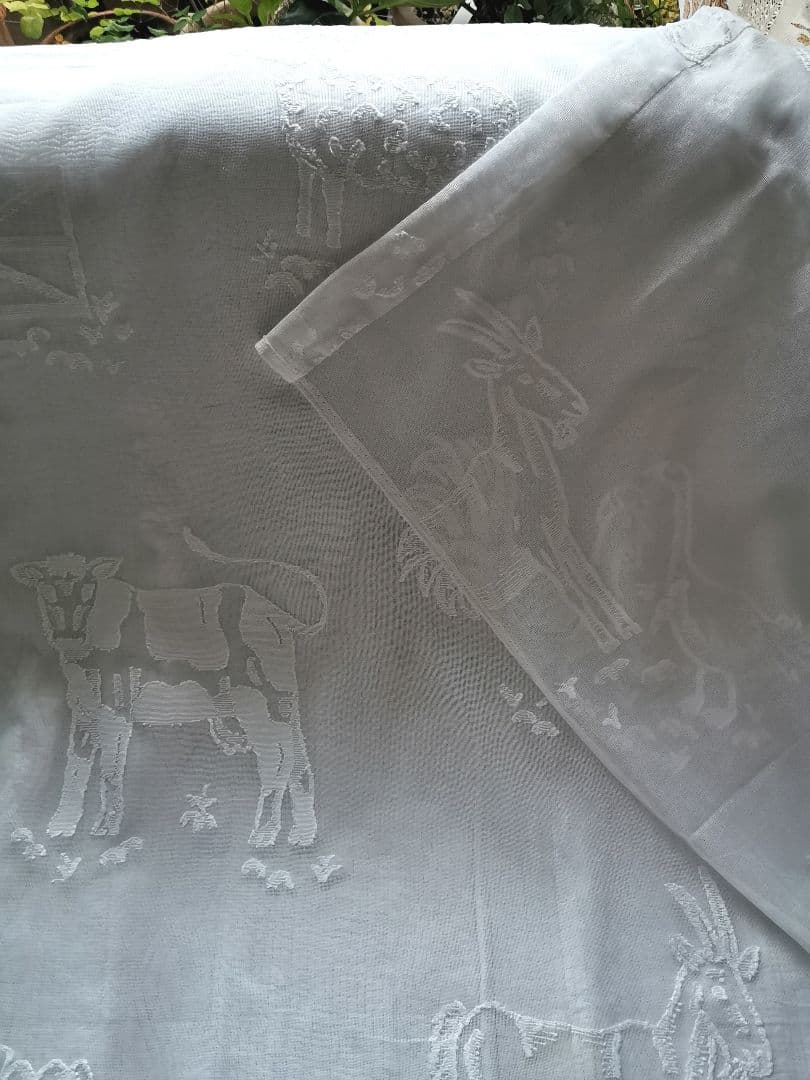 17日特別価格✾アンティーク牧場マドラスレース 酪農 羊馬山羊豚鶏カーテンパネル