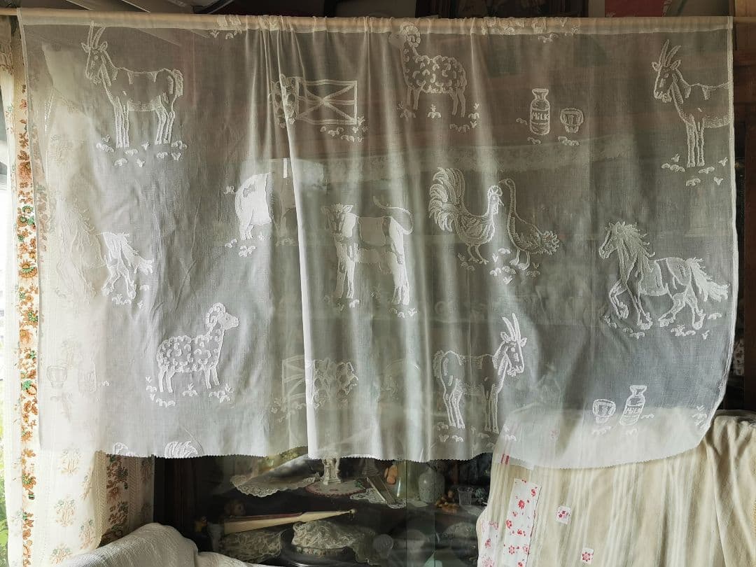 17日特別価格✾アンティーク牧場マドラスレース 酪農 羊馬山羊豚鶏カーテンパネル
