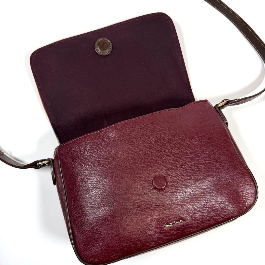 【美品】ポールスミス　ショルダーバッグ　シボ革　マルチストライプ　ボルドー