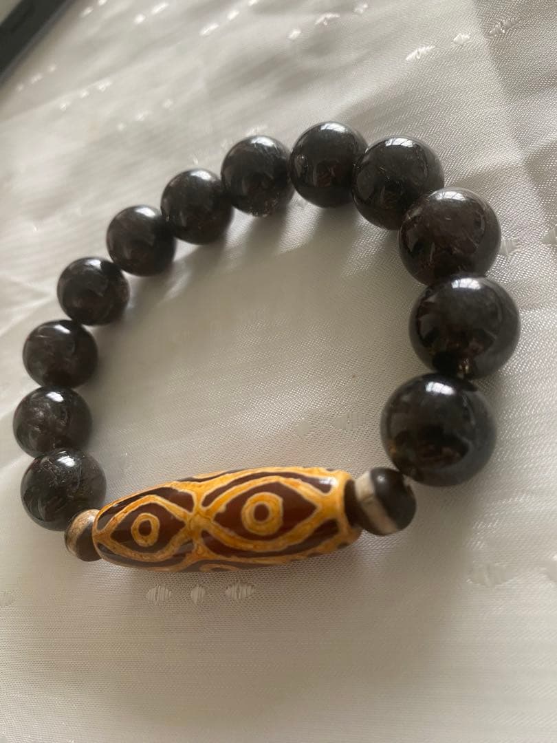 天然石　希少 六眼天珠 ブラックルチルクォーツ　ブレスレット　約14mm