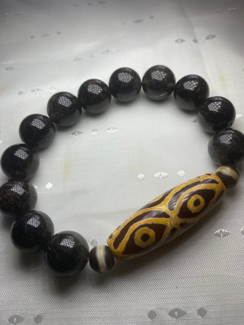 天然石　希少 六眼天珠 ブラックルチルクォーツ　ブレスレット　約14mm