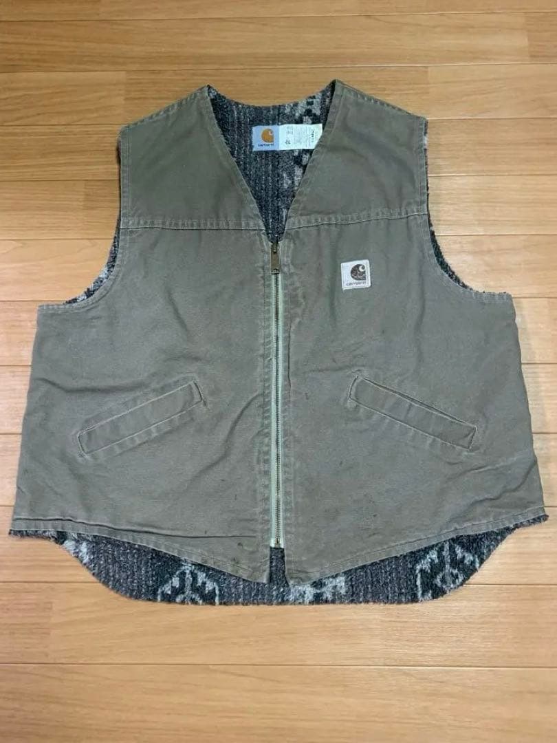 USA Carharttダック地ベスト 裏地ネイティブ柄 ボア ライナーXL