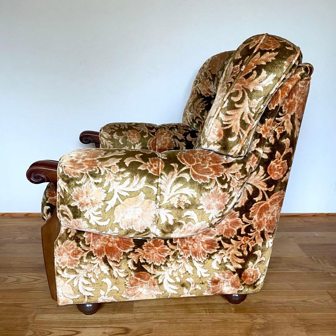 昭和レトロ オールド カリモク 金華山 1人掛け ソファー 花柄 ベロア ②