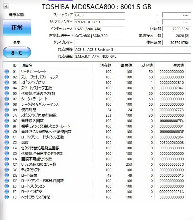 内蔵型ハードディスクドライブ TOSHIBA MD05ACA800 8TB HDD 011601