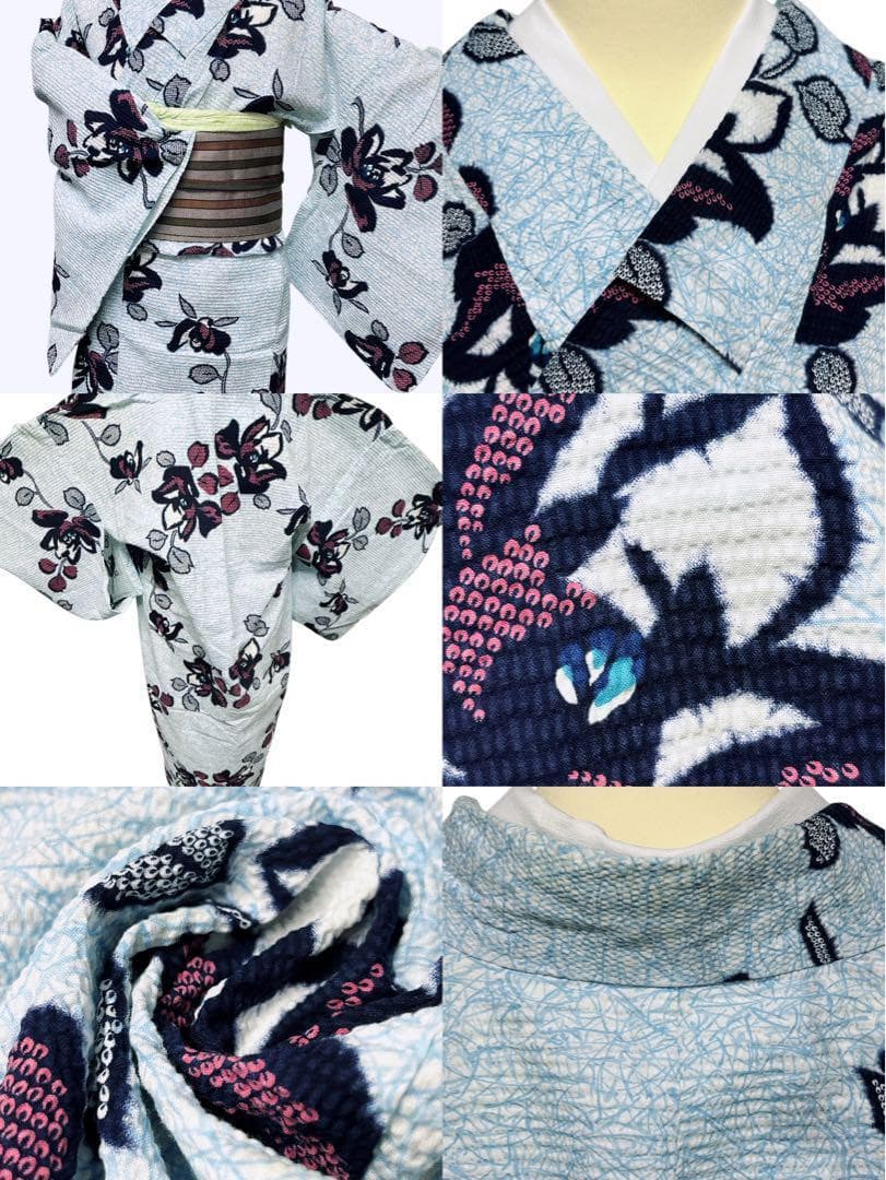 A29 有松鳴海絞り調　美品浴衣 椿　水色　綿
