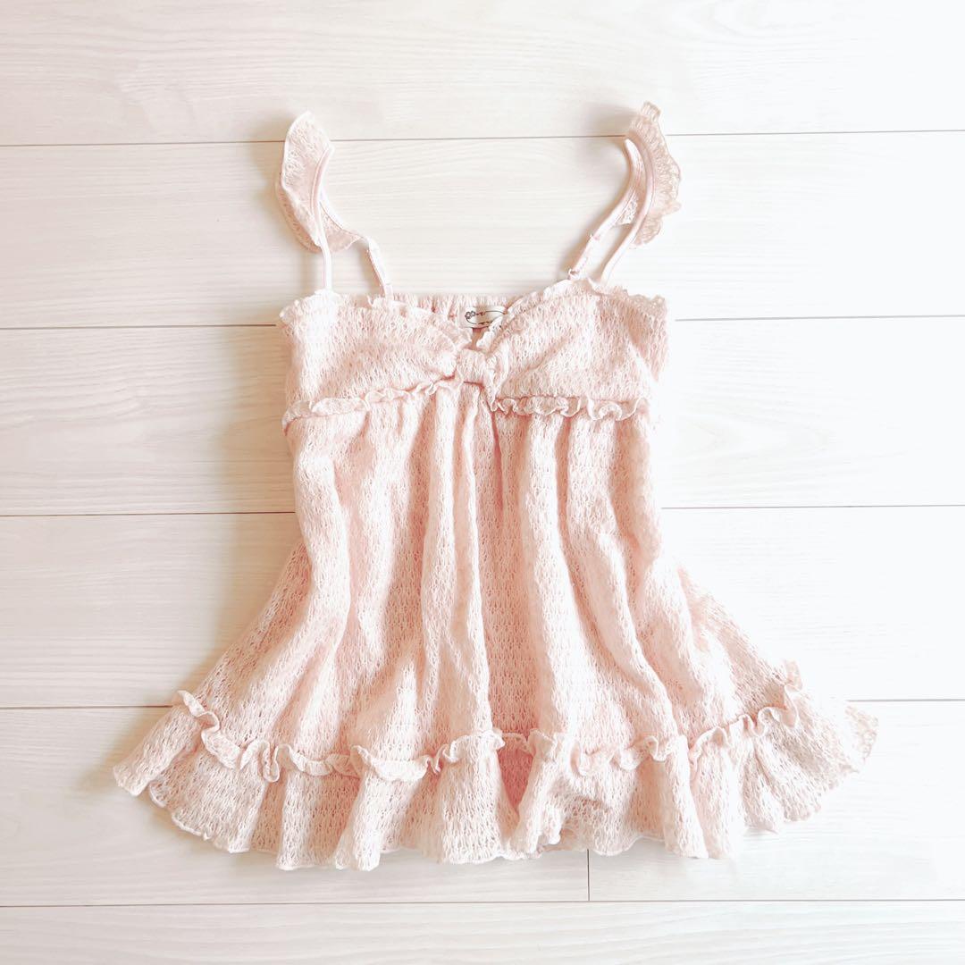 リズリサ コーラルピンク系 リボン フリルキャミソール