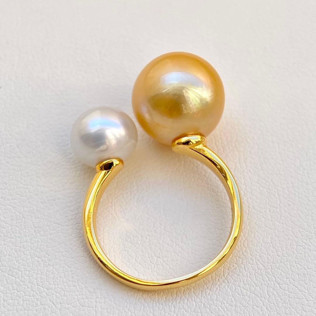 本真珠南洋白蝶真珠ゴールドとホワイト　s925ダブルリングY1057