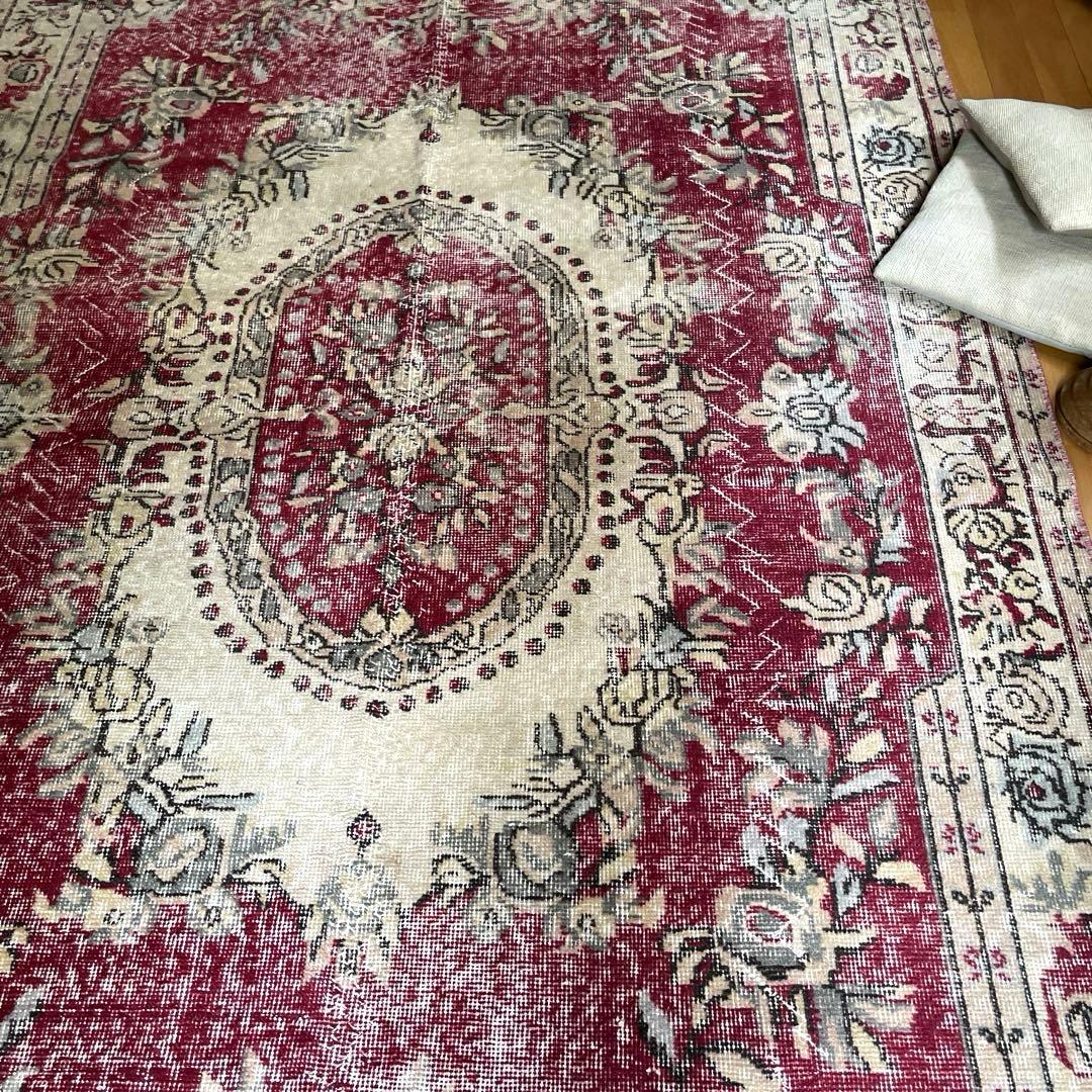 超大判168×290 メダリオン　くすみレッド　ボタニカルトルコヴィンテージラグ